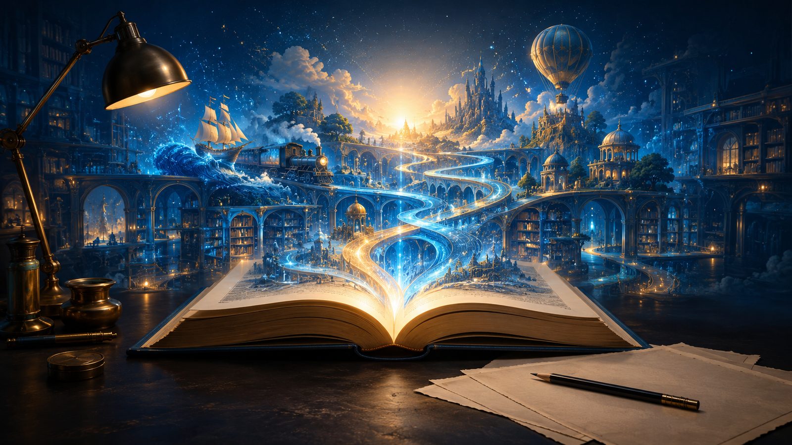 Open book unfolding into interconnected storyworlds