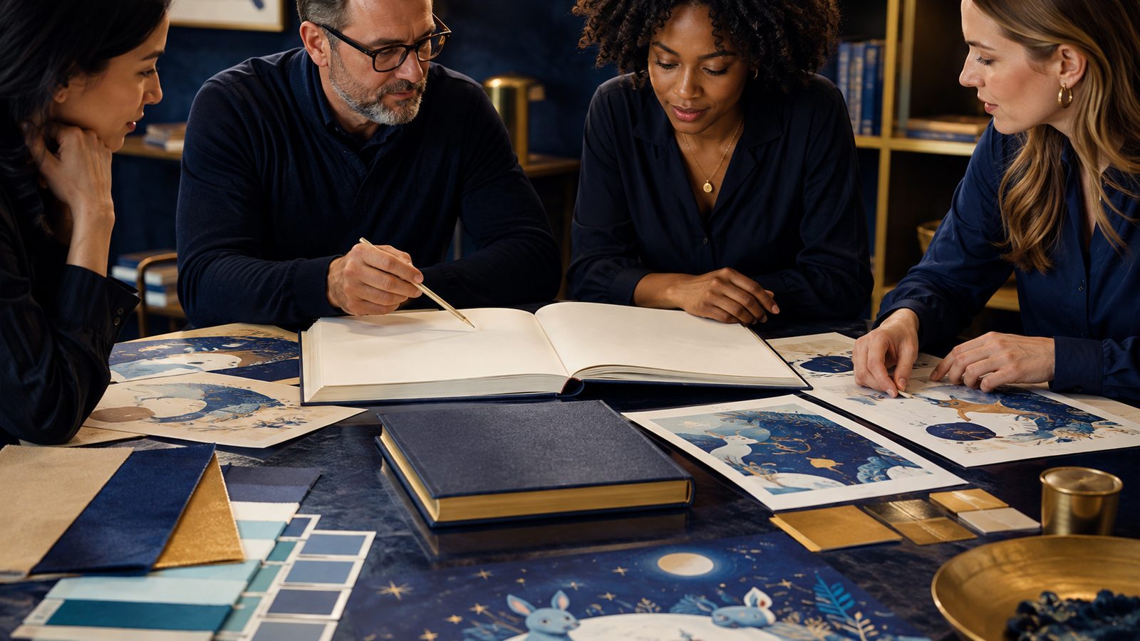 Story maps, character sketches and publishing materials arranged in a story-development studio