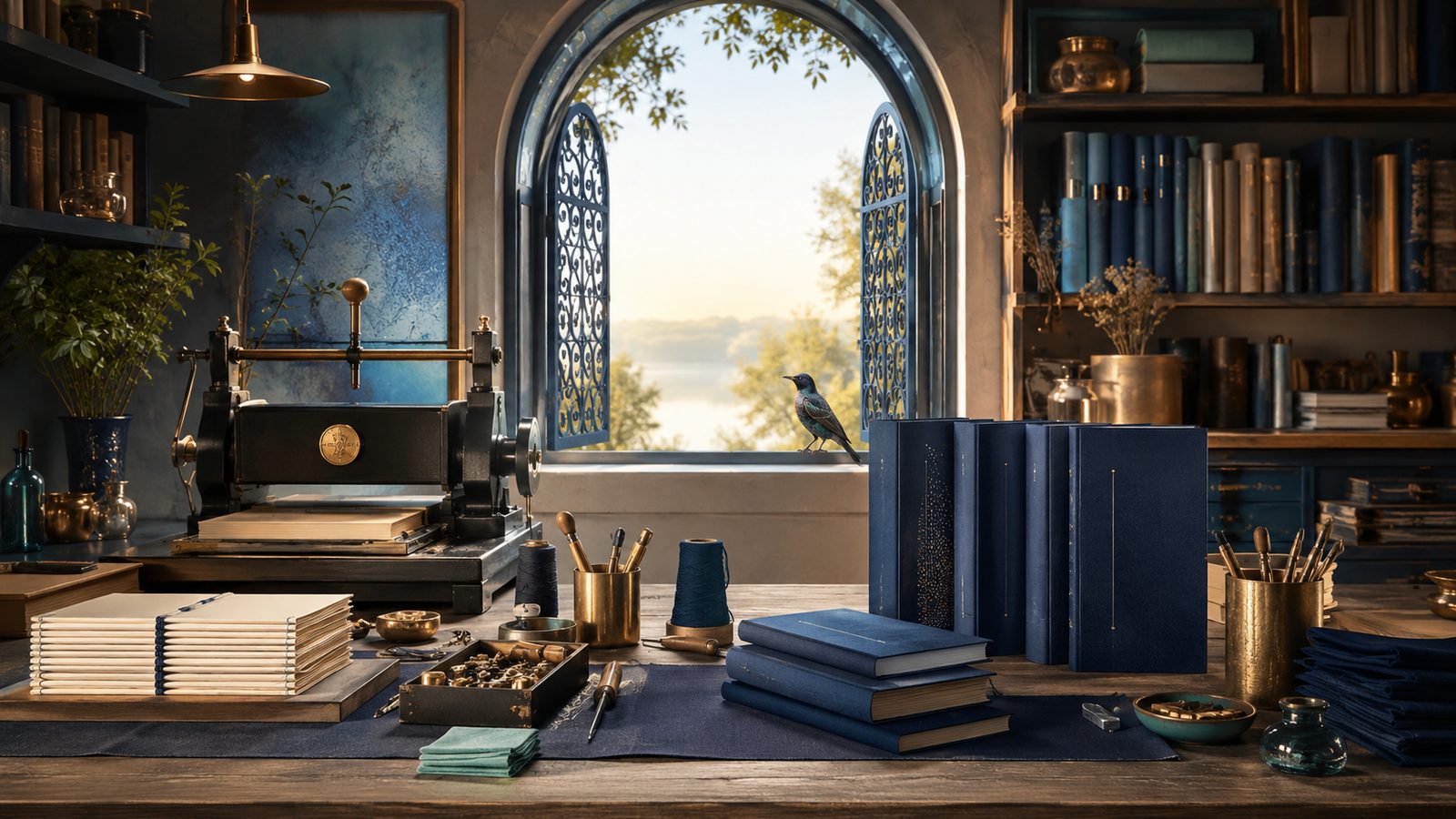 Bookmaking studio with finished volumes and an open gate