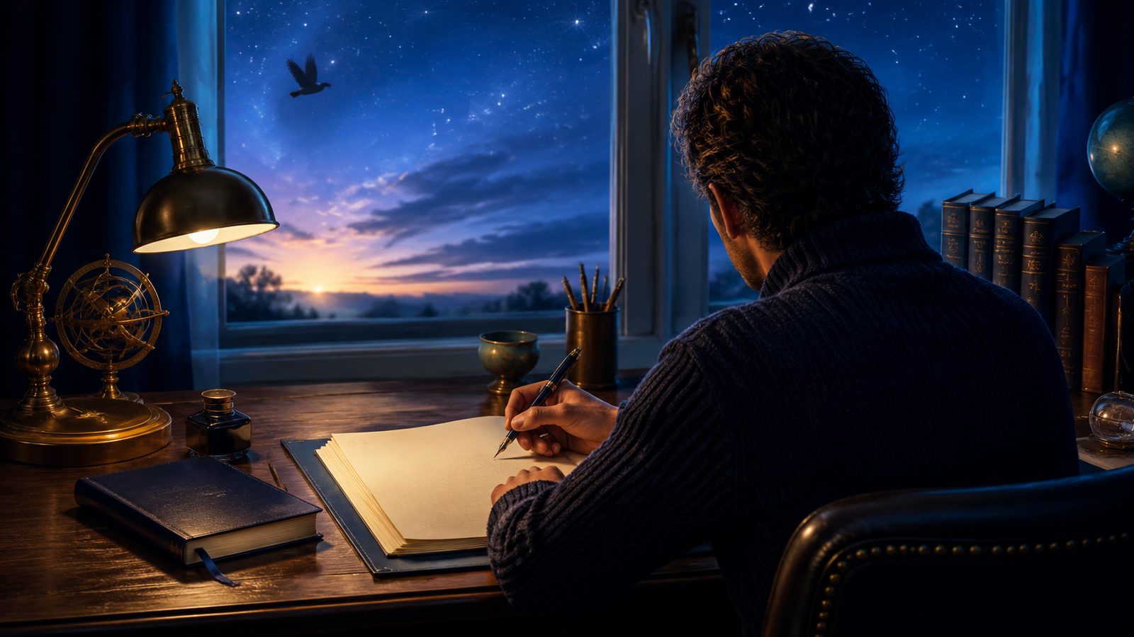 An author drafting a manuscript at dawn