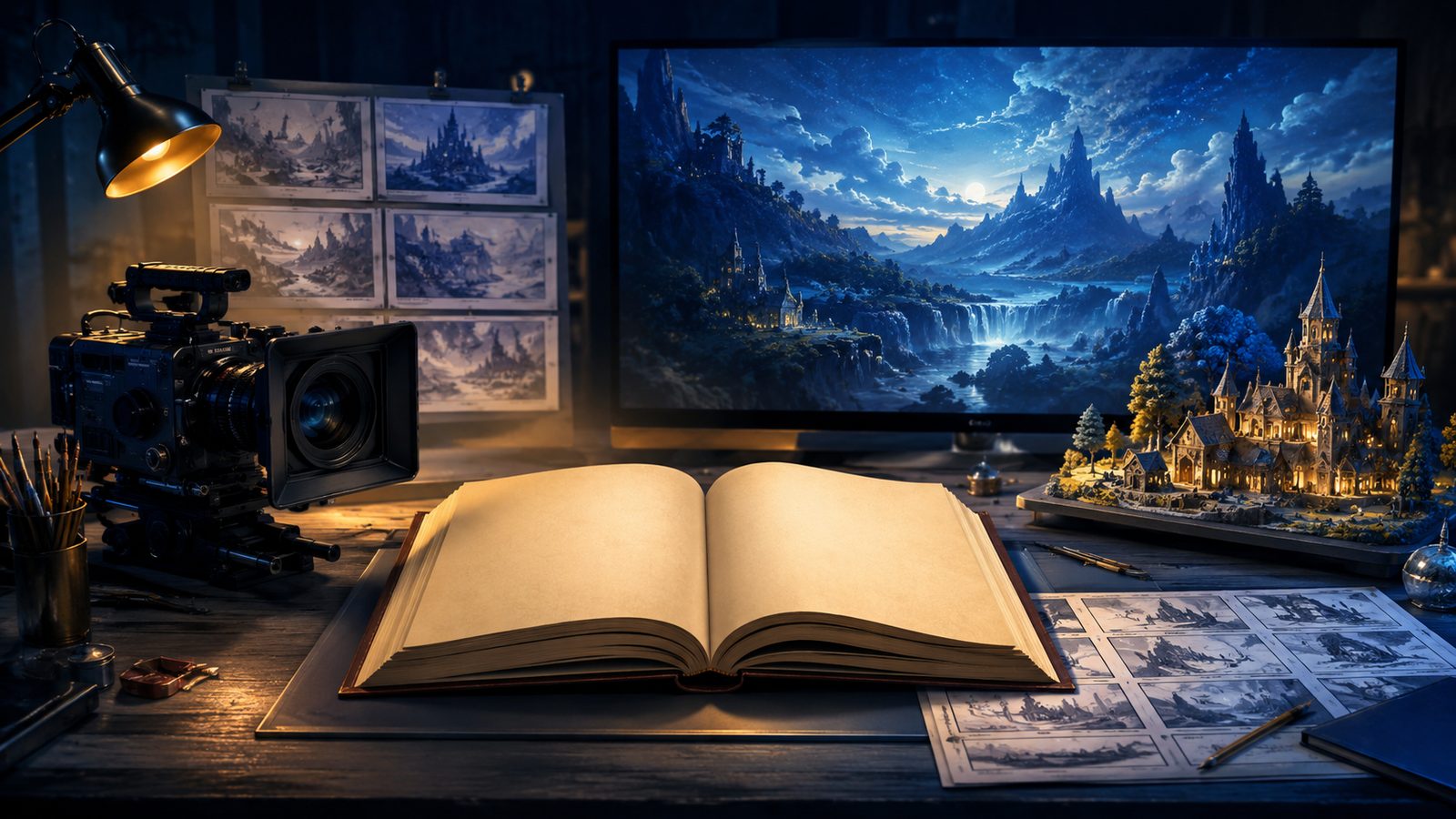 A book adaptation workspace with camera and storyboards